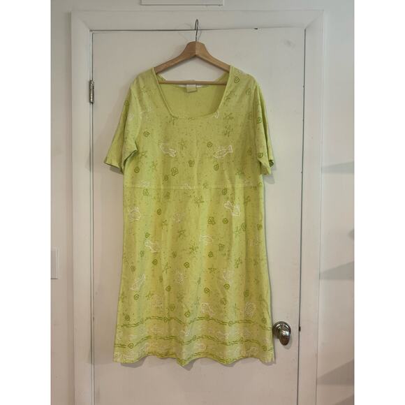 On White VINTAGE 90s knee length dress beach fish starfish shell cotton USA 1X - Picture 1 of 14